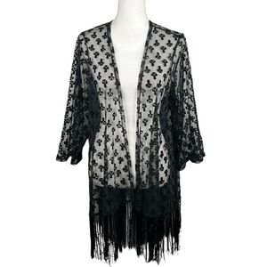 Hot Topic Black Sheer Goth Mushroom Print Fringe Hem Open Cardigan Size Medium